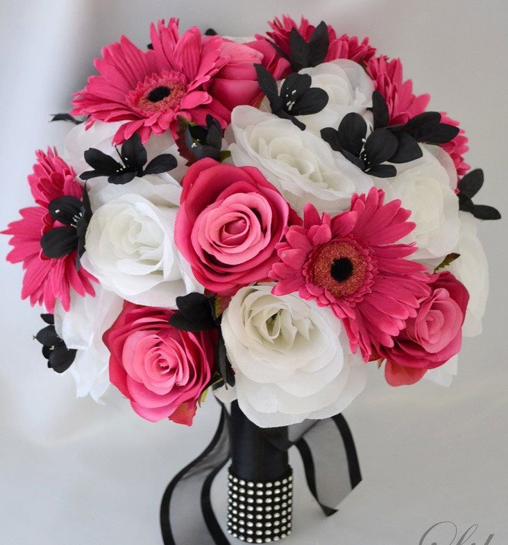 bouquet de fleurs mariage, bouquet fleur mariage, bouquet mariee mariage, bouquet mariee rose et noir, mariage theme rose fuchia et noir, accessoire deco mariage rose fuchia et noir